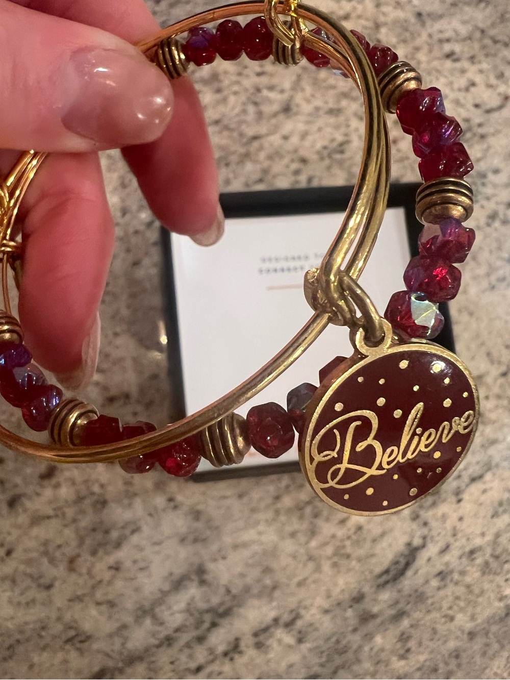 Alex and Ani Bracelets with Red Beads and 'Believe' Charm